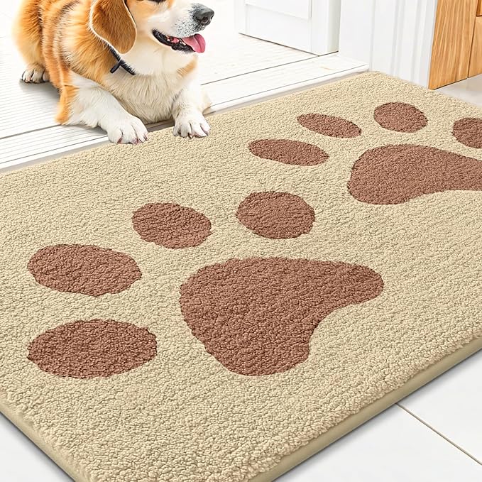 Smiry Dog Door Mat for Muddy Paws, Absorbs Moisture and Dirt, Low-Profile Entryway Mat with Non-Slip Backing, Entry Indoor Outdoor Doormat for Inside Floor (36x24 Inches, Light Beige, Paw)
