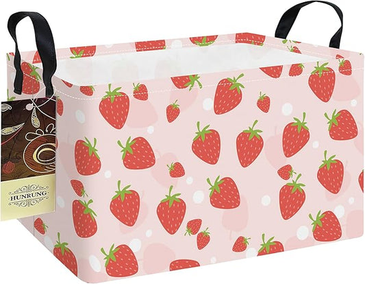HUNRUNG Rectangle Storage Basket Cute Canvas Organizer Bin for Pet/Children Toys, Books, Clothes Perfect for Rooms/Playroom(REC-Pink Strawberry)