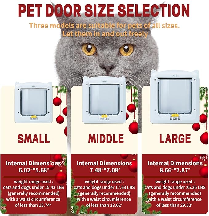 Magnetic Cat Door with 4 Way Locking, Weatherproof & Interior/Exterior Compatible (Outer: 11.5'x10.2', Inner: 7.5'x7.1')