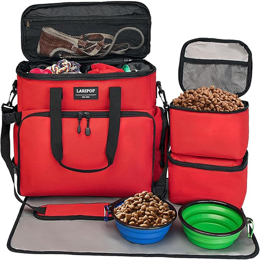 LARIPOP Dog Travel Bag Airline Friendly for Small Medium Large Dogs, Pet Travel Organizer with Collapsible Bowls Food Containers Mat, Waterproof Portable Tote for Dog Outdoor Travel