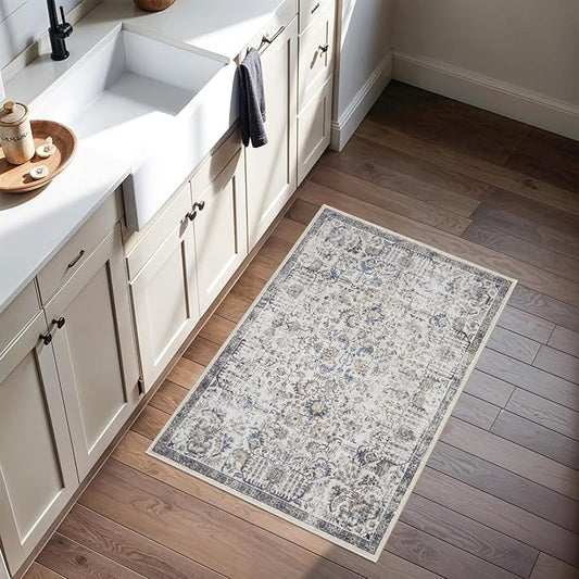 RUUGME Washable Area Rug 2x3 - Vintage Kitchen Rugs Stain Resistant Rugs for Living Room Bedroom Laundry Room Mat Distressed Rug Hallway Floor Carpet Runner for Bathroom 2'x3' Brown/Blue