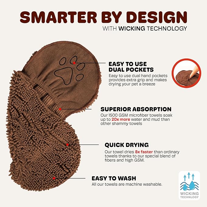 Dog Gone Smart The Dirty Dog Shammy - Fast Drying Plush Shammy Towel with Dual Hand Pockets and Elastic - Super Absorbent Microfiber and Machine Washable - 31 × 13 in, Brown