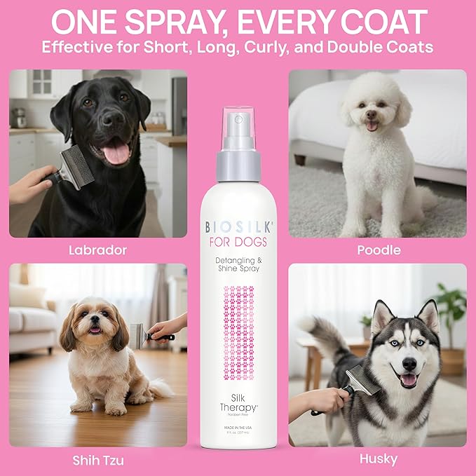 BioSilk for Dogs Detangling Spray with Shine Support, Lightweight Leave In Grooming Mist that Helps Smooth Coats, Detangle, and Add Shine Without Buildup, 8 Fl Oz