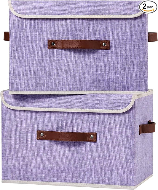 2PCS Storage Boxes with Lid Cotton Linen Fabric Storage Bins Organizer Container Decorative Collapsible Washable Shelf Closet Baskets Faux Leather Handles Home Bedroom (Purple, Large)