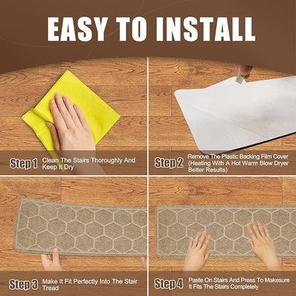 15 Pack 8 "X 30" Non-Slip Carpet Stair Treads for Indoor Wooden Steps, Made of Polyester and Reusable Adhesive, Suitable for Kids Elders and Pets（Beige Hexagon）