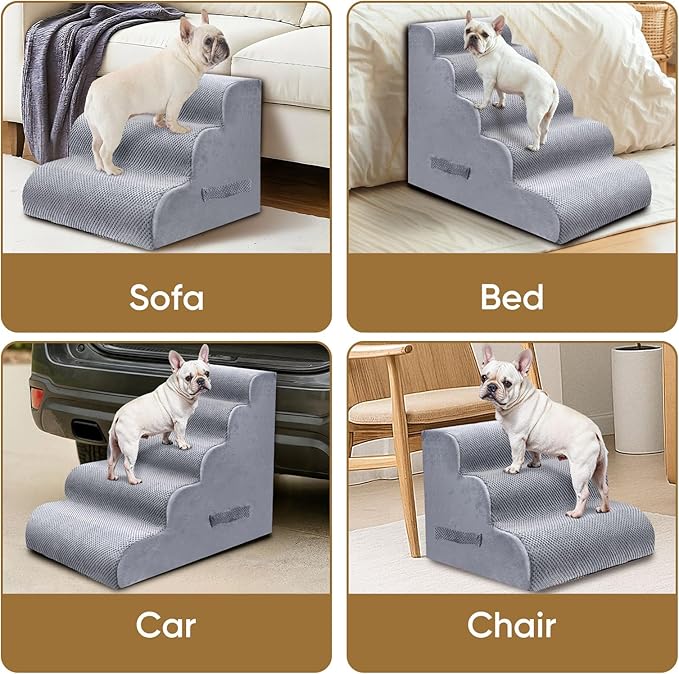 PAWSCART Pet Stairs for Dogs 4-Step, 19.6" H Pet Stairs for High Bed, Couch Sofa & Chair, 30D Material Soft Foam Dog Steps with Non-Slip Bottom Surface Removable Washable Cover, LightGrey