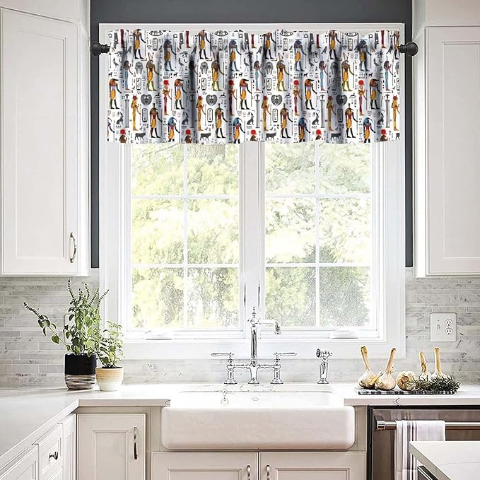 Ancient Egypt Valance Curtains Vintage Egyptian Culture Hieroglyph and Symbol Mysterious Egypt Ethnic Religion Window Valance Curtain for Farmhouse Bedroom Living Room Kitchen 54x18inch