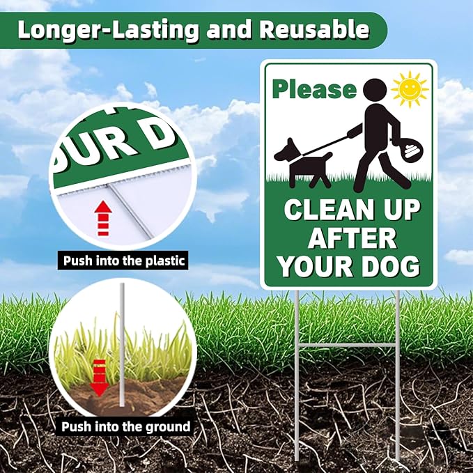 Clean UP After Your Dog Signs, 2-Pack 13"x10" Double-Sided H-Metal Stakes, Pick Up After Your Dog Sign for Yard, Please Clean Up After Your dog Sign