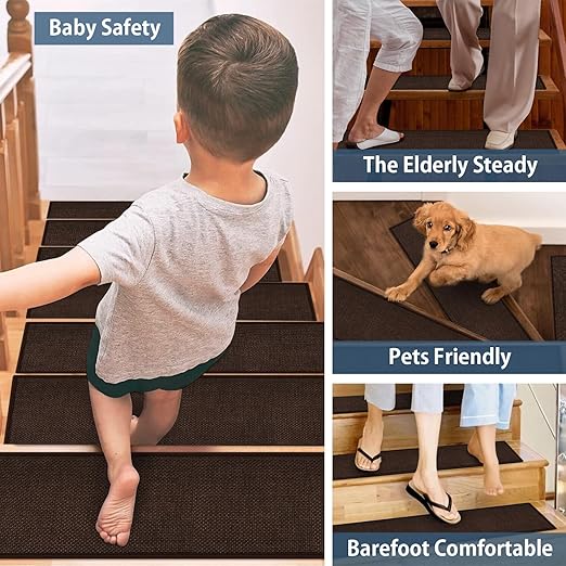 Peel and Stick Stair Treads with Rubber Backed Pack of 15, Jute Stair Rug Staircase Step Treads, Reusable Stair Pads Step Mats for Bare Feet, 30"x8", Deep Brown