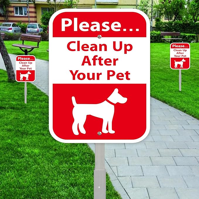 Please Clean Up After Your Pet Yard Sign with 28" Metal Stake, 12x8 inches No Pooping Dog Signs, Rustproof Aluminum,2Pack No Dog Waste Signs
