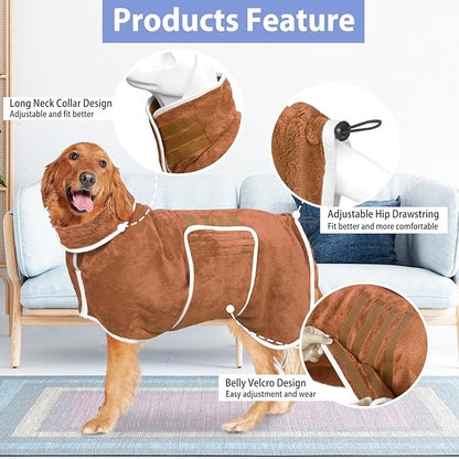 Dog Bathrobe Towel Dog Drying Coat - Super Absorbent Towels Bath Robe for Dogs Large, Soft Adjustable Collar & Belly Strap Fast Drying Coat Pet Cat Bath Robe (Brown, Medium)