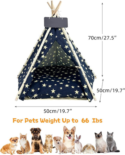 Pet Teepee Dog & Puppy Cat Tents Tipi Bed Portable Houses with Thick Cushion for Pets Up to 66lbs-Blue-M