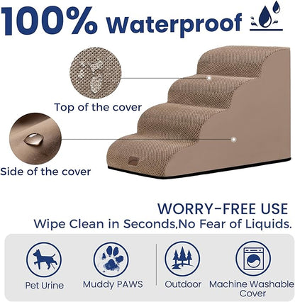 gogobunny Ramp Cat Dog Stairs for Beds, Cat Slope Stairs with Durable Waterproof Fabric Cover, Pet Steps for Old Large Dogs Climbing (Camel, 4-Step (28.3" D x 15.7" W x 19.7" H), 4)