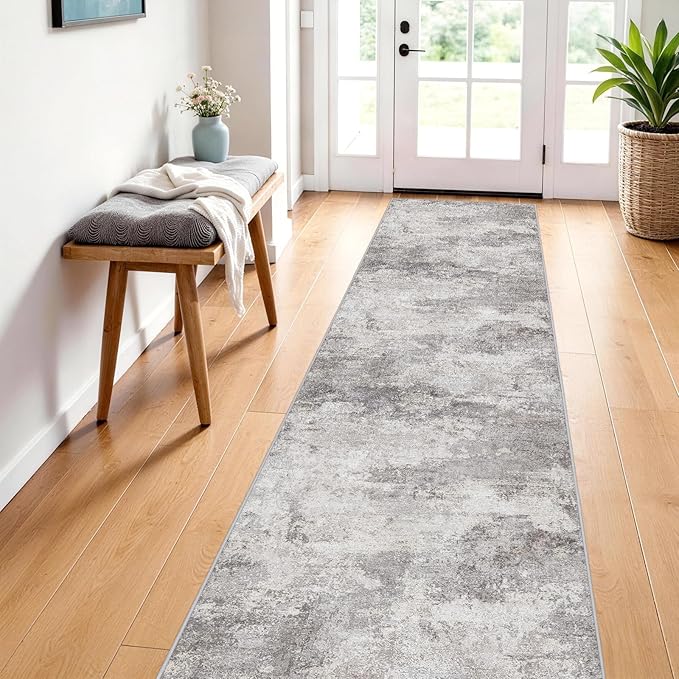 Abstract Rug Runners 2x8 Washable: Modern Rugs Non Slip for Kitchen Entryway Bedroom - Soft Stain Resistant Easy Clean - Indoor Low Pile Carpet for Family with Pets 2x8 Grey