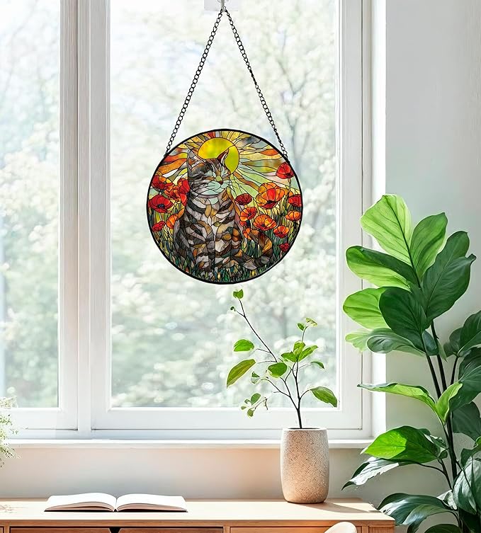 Greatingreat Gray Cat Stained Glass Window Hanging, Home Room Decor 7.8 Inch Sun Catchers Indoor Window, Whimsical Decor for Christmas Mother's Day Birthday Gifts for Women Men Pet Lover Gift