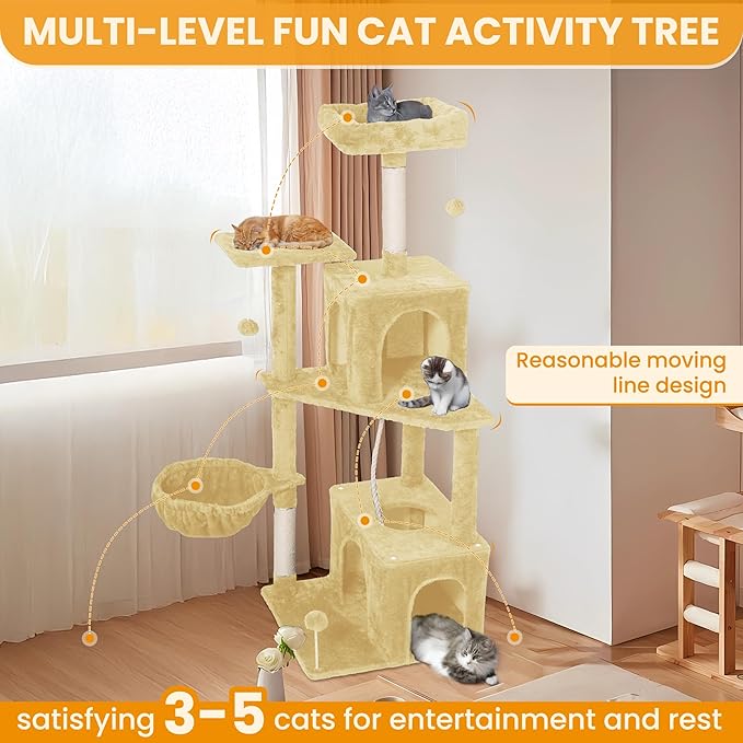 Cat Tree, 54-Inch Cat Tower for Indoor Cats, Soft Plush Multi-Level Climbing Cat Condo with Scratching Posts, Basket, Perches,2 Caves,2 Pompoms Play House for Cat(Beige)
