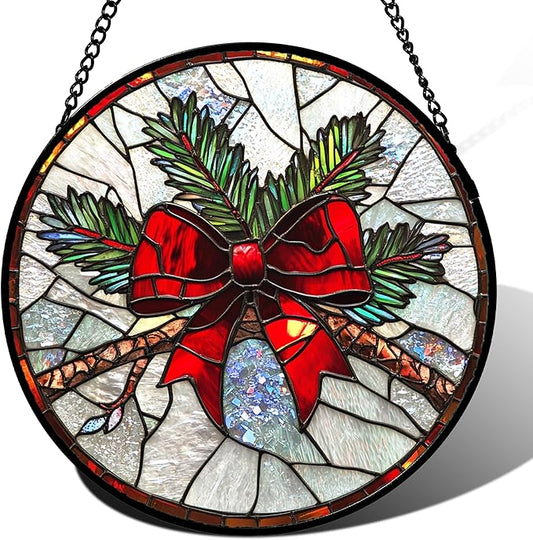 Stained Glass Window Hanging - Pine Branches Red Bow Suncatcher for Doors Home Christmas Decoration Silver Sun Catcher Thanksgiving New Year Birthday Gifts for Women Men Mom Nana 11.8 in