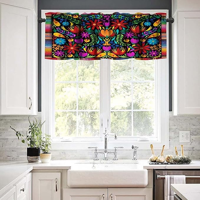 Mexico Fiesta Valance Curtains Farmhouse Rustic Cinco De Mayo Dia De Los Muertos Pattern Window Treatment Valances Short Curtains Rod Pocket Drape for Dining Room Home Kitchen Decor, 54x18inch