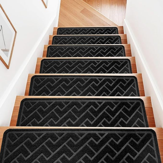 15 Pack 8 "X 30" Non Slip Stair Treads for Wooden Steps, Carpet Stair Treads Made of Polyester and Reusable Adhesive, Stair Runner Rugs for Kids, Elders and Pets (Black)