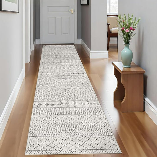 Hallway Runner Rug 2x10: Washable Non-Slip Moroccan Carpet for Kitchen Entryway Bedroom - Soft Stain Resistant Easy Clean Mat for Family with Pets 2x10 Geo Grey