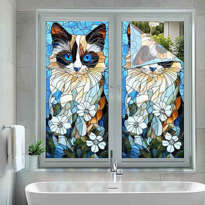 Privacy Window Film Cat Design Decorative Window Cling Stained Glass Style Static Cling Glass Sticker for Cabinet Bathroom Kitchen Door Panel 17.7 x 39.3 Inch