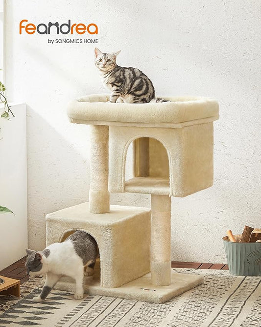 Feandrea Cat Tree, 33.1-Inch Cat Tower, Plush Condo for Large Cats up to 16 lb, Large Perch, 2 Caves, Scratching Post, Beige UPCT61M