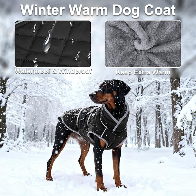 Dog Coat, Warm Dog Winter Coat for Medium Dogs, Waterproof Jacket with Adjustable Buckle & Velcro, Reflective Turtleneck Cold Weather Coats, Pet Fleece Vest Snow Jacket (Black, L)