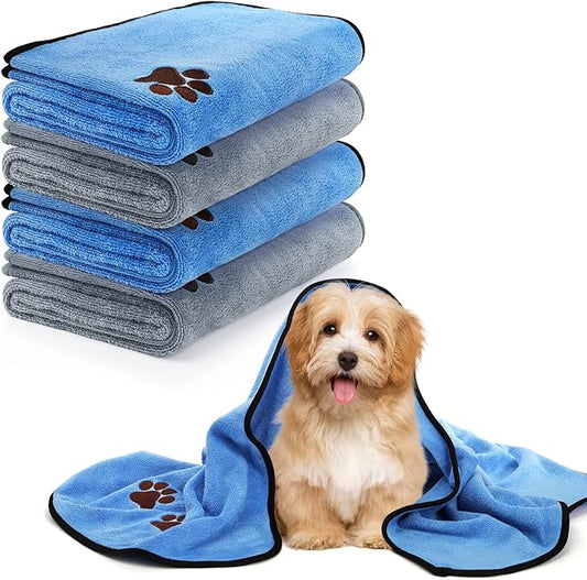 Fasmov 4 Pack Microfiber Dog Towels, 40"x 20" Large Pet Bath Towel, Microfiber Absorbent Towel Pet Bathing Supplies Quick Drying Paw Towel for Large, Medium or Small Dogs Cats Shower (Grey, Blue)