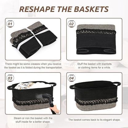 3 Pack Storage Basket for Shelves, Boho Cotton Rope Storage Bins with Heavy Tassel, Shelf Baskets Large Woven Baskets for Organizing, Cube Organizer Bins, Baby Laundry Basket for Clothes, Toys, Pets
