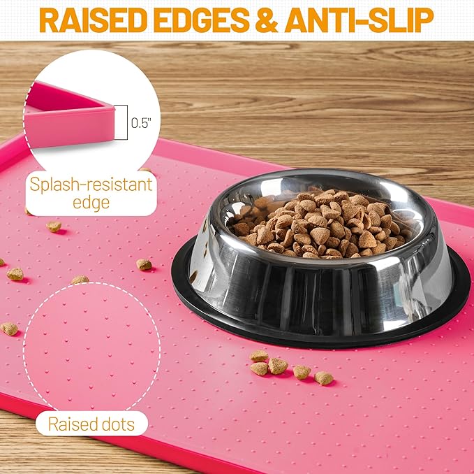 Hubulk Dog Feeding Mat,100% Waterproof Food Grade Silicone Pet Food and Water Bowl Placemat,Dishwasher, High Raised Edge to Prevent Spills,Nonslip Tray to Stop Messes on Floor (24"x16"x0.5", Pink)