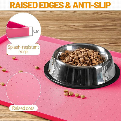 Hubulk Dog Feeding Mat,100% Waterproof Food Grade Silicone Pet Food and Water Bowl Placemat,Dishwasher, High Raised Edge to Prevent Spills,Nonslip Tray to Stop Messes on Floor (24"x16"x0.5", Pink)