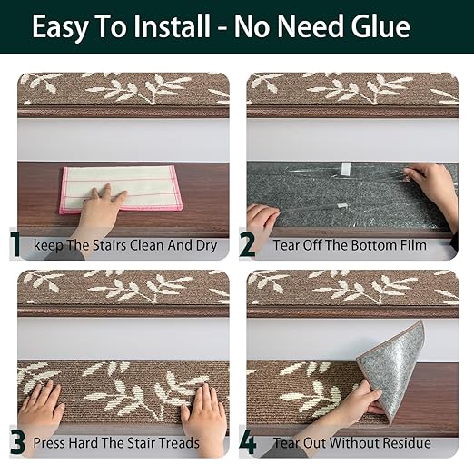 Carpet Stair Treads, Non-Slip Stair Treads for Wooden Steps Indoor, 30”x8” Stair Runner for Pets Non Skid Wood Staircase Step Treads Reusable, Set of 15, Brown
