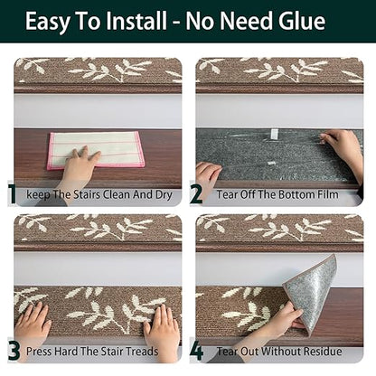 Carpet Stair Treads, Non-Slip Stair Treads for Wooden Steps Indoor, 30”x8” Stair Runner for Pets Non Skid Wood Staircase Step Treads Reusable, Set of 15, Brown