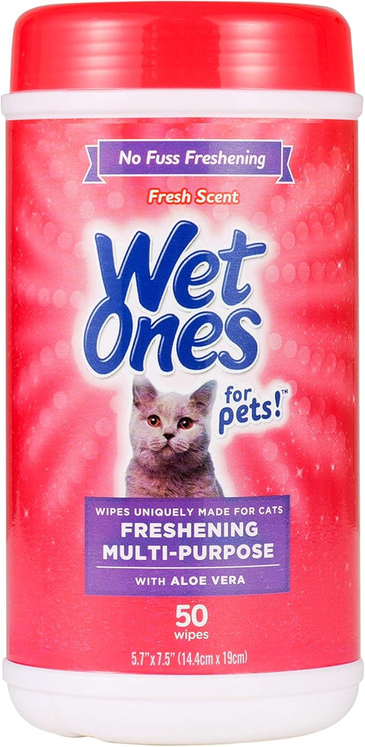Wet Ones for Cats Freshening Wipes, Multi-Purpose Cat Grooming Wipes with Aloe Vera, Helps Remove Dirt, Odor, and Dander Between Baths, Fresh Scent, 50 Count