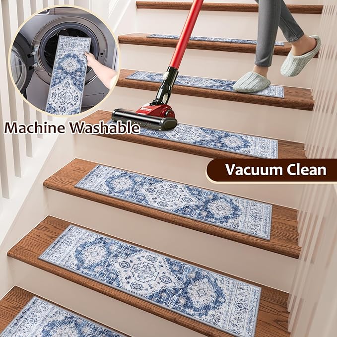 OJIA Non-Slip Stair Treads for Wooden Steps 30"x8" Indoor Stair Runner 15PCS Rubber Backed Soft Carpet Stair Treads Mat Staircase Step Treads Covers for Kids and Dogs