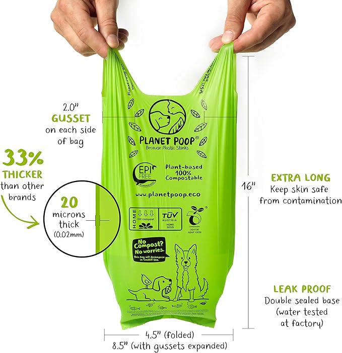 PLANET POOP Home Compostable Dog Poop Bags Extra Long with Handles | Large Single Roll 200 Count Grab & Go | Un-scented Waste Bag | Leakproof Doggy & Cat Bags | Plant-Based Pet Supplies
