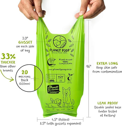 PLANET POOP Home Compostable Dog Poop Bags Extra Long with Handles | Large Single Roll 200 Count Grab & Go | Un-scented Waste Bag | Leakproof Doggy & Cat Bags | Plant-Based Pet Supplies