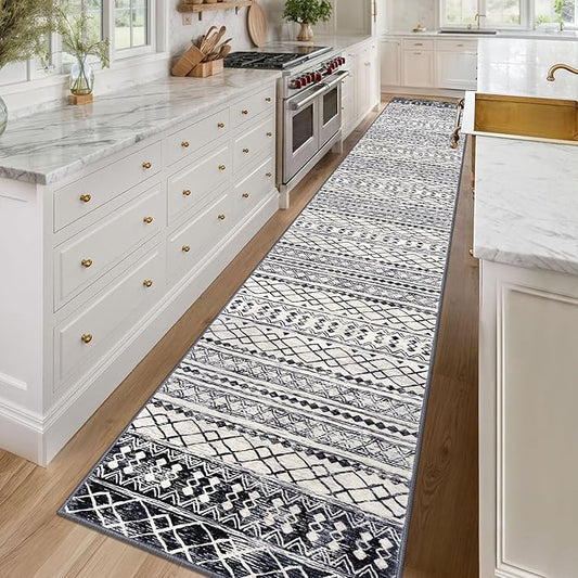 KUTA Boho Runner Rug for Hallway 2.6x16 Moroccan Washable Black Navy Blue Rugs Non-Slip Vintage Long Kitchen Runners Soft Geometric Floor Carpet for Bedroom Laundry Living Room