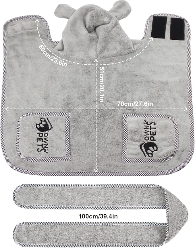 Ownpets Dog Bathrobe Towel, Super Absorbent Soft Dog Drying Robe with Cap & Pocket for Bathing & Beach Trips, Microfibre Fast Drying Dog Towel Robe for Dogs and Cats(Medium)