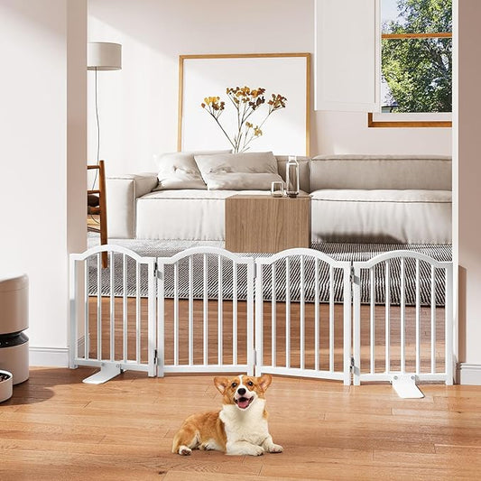 Snughome Short Dog Gate Indoor, 16" High Freestanding Small Dog Door Gates with Support Feet, Expands Up to 48’’ Wide Foldable Pet Gate for Doorway, 4 Panel Folding Pet Door Pet Fence for Puppy, White