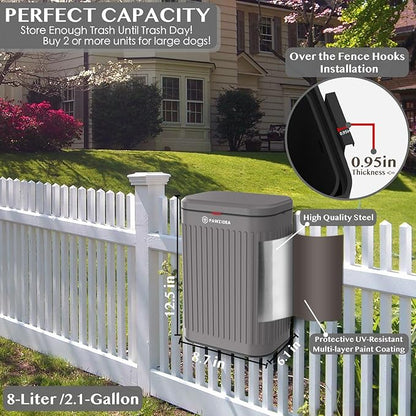 PAWZIDEA 2.1 Gallon Wall Mount Dog Poop Trash Can Outside Odor Control, Outdoor Small Metal Dog Proof Waste Station with Lid & Activated Carbon, Weatherproof Pet Poop Bin Hang Fence, Backyard, Garbage