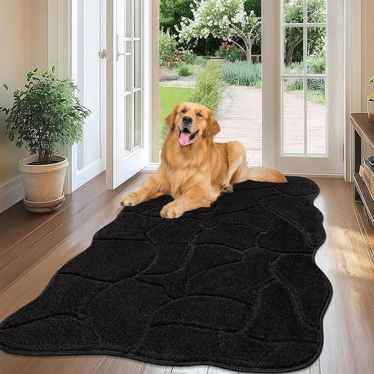Large Dog Door Mat for Muddy Paws, 32x47 Absorbent Dirt Trapper Long Door Mat, Non-Slip Washable Mud Mat for Dogs, Polyester Microfiber Soft Pet Rug Mat for Entryway, Mud Dog Paws, Patio (Black)