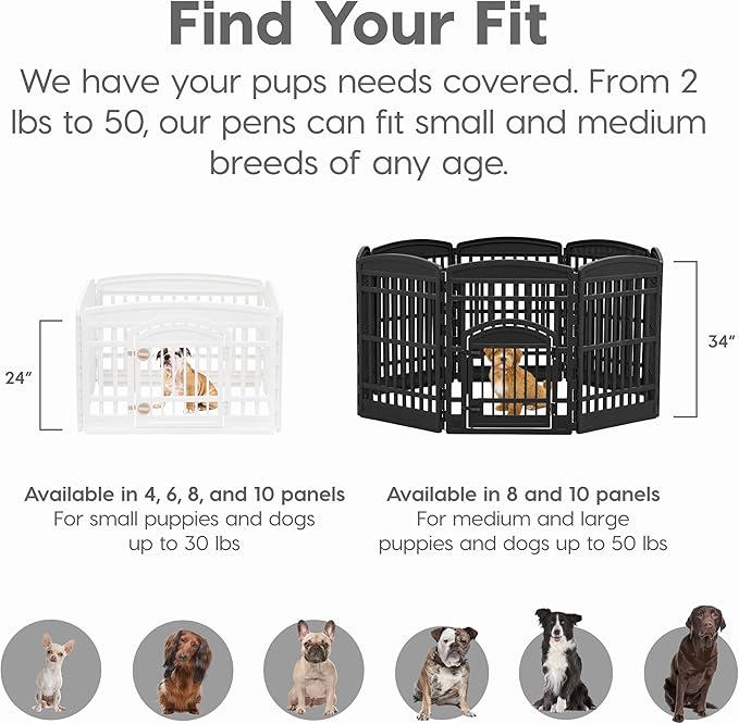 IRIS USA 24" Dog Playpen 8-Panel Pet Exercise Pen with Door Gate 83.5x83.5x24 Puppy Play Pen Indoor Outdoor Plastic Foldable Portable Pet Fence for Small Medium Dogs Puppies Multiple Pets White