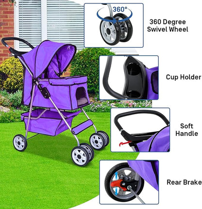 Best 4 Wheels Dog Cat Stroller, Lightweight & Foldable Pet Jogger, Carrier Strolling Cart W/Cup Holders Removable Liner - Purple