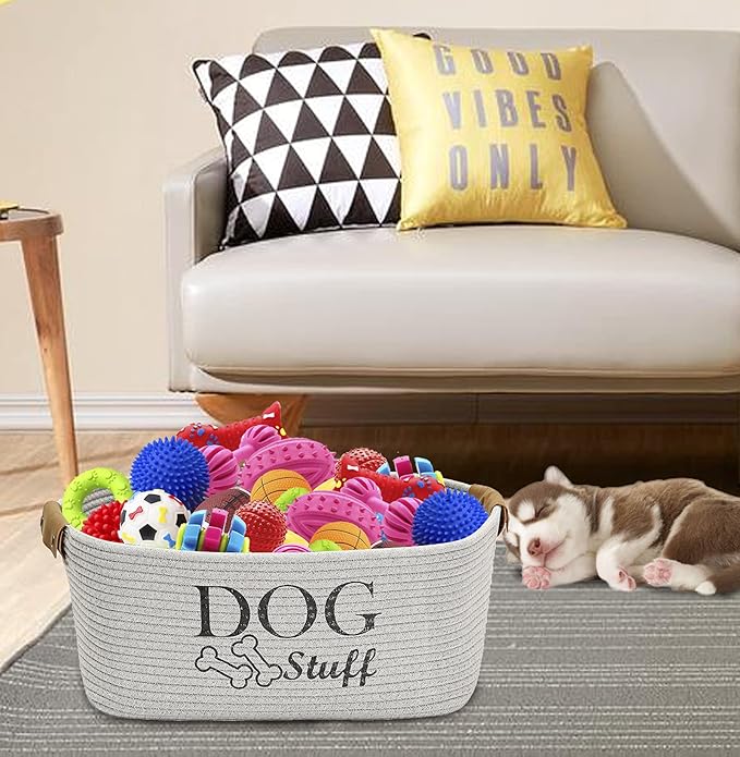 Geyecete Square Dog toy basket storage Cotton Rope Storage Basket Pet/Pet Toy And Accessory Storage Bin Doy Toy Box-Gray
