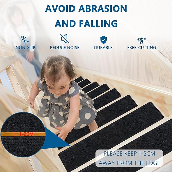 Stair Treads for Wooden Steps Indoor, KOOTETA 15 Pack 8" X 30" Non Slip Carpet Stair Treads with Reusable Adhesive for Kids Elders and Dogs, Surface Polyester TPR Backing Stair Rugs, Black