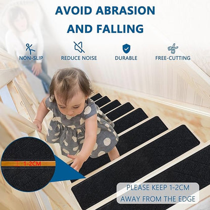 Stair Treads for Wooden Steps Indoor, KOOTETA 15 Pack 8" X 30" Non Slip Carpet Stair Treads with Reusable Adhesive for Kids Elders and Dogs, Surface Polyester TPR Backing Stair Rugs, Black