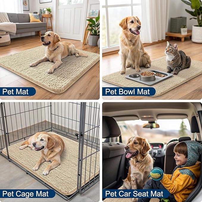 Smiry Dog Door Mat for Muddy Paws 70x35, Absorbs Moisture and Dirt Doormat, Non-Slip Washable Quick Dry Chenille Front Door Mat Indoor Entrance, Entryway Carpet for Inside Floor, Beige