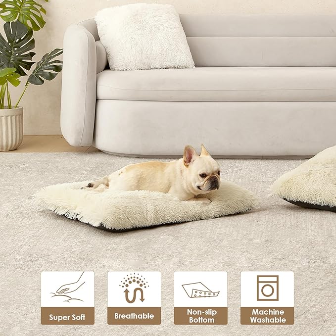 EHEYCIGA Fluffy XXL Dog Crate Pad, Plush Faux Fur Crate Bed for Extra Large Dogs, Calming Anti Anxiety XXL Dog Bed, Washable Warm Mat with Non-Slip Bottom, Ivory Beige