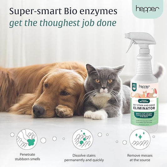 Hepper Advanced Bio-Enzyme Pet Stain & Odor Eliminator Spray - Smell, Stain & Urine Remover for Cats, Dogs & Other Animals - 32oz Spray Safe for the Home - Neutral